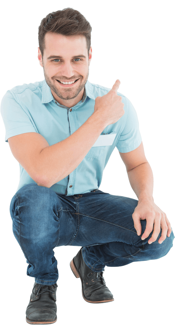 Happy Delivery Man Crouching with Transparent Background
