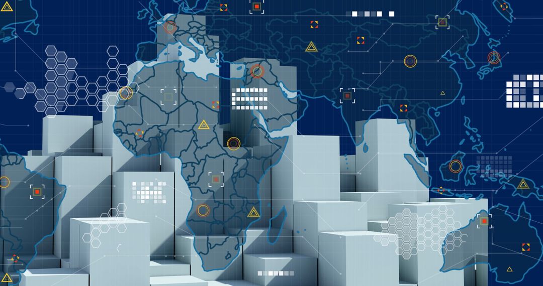 Abstract Cuboid Blocks with Digital World Map Background