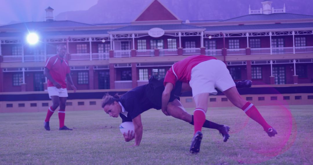 Dynamic Rugby Match on Vibrant Rugby Field Under Bright Lights