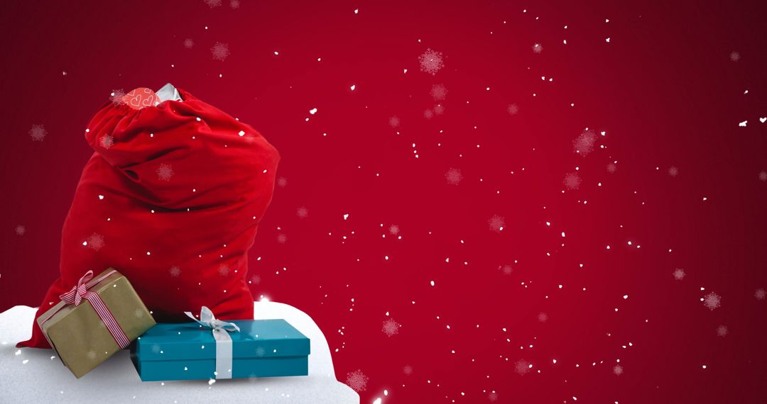 Snowfall Over Christmas Gifts on Red Background