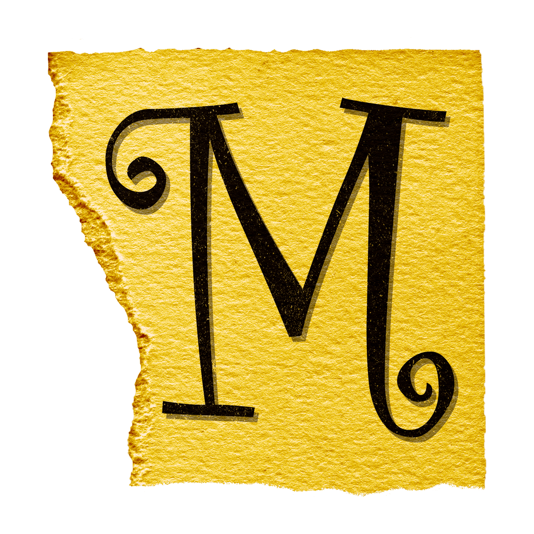 Ornamental Letter M on Torn Yellow Paper with Transparent Background