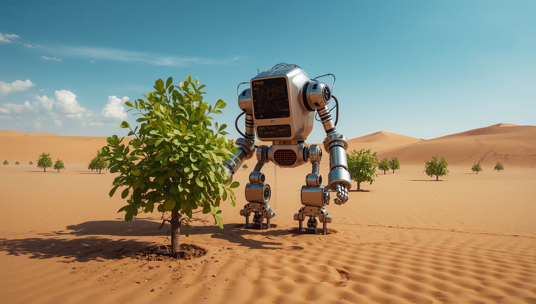 Futuristic Robot Cultivating Saplings in Arid Desert Setting