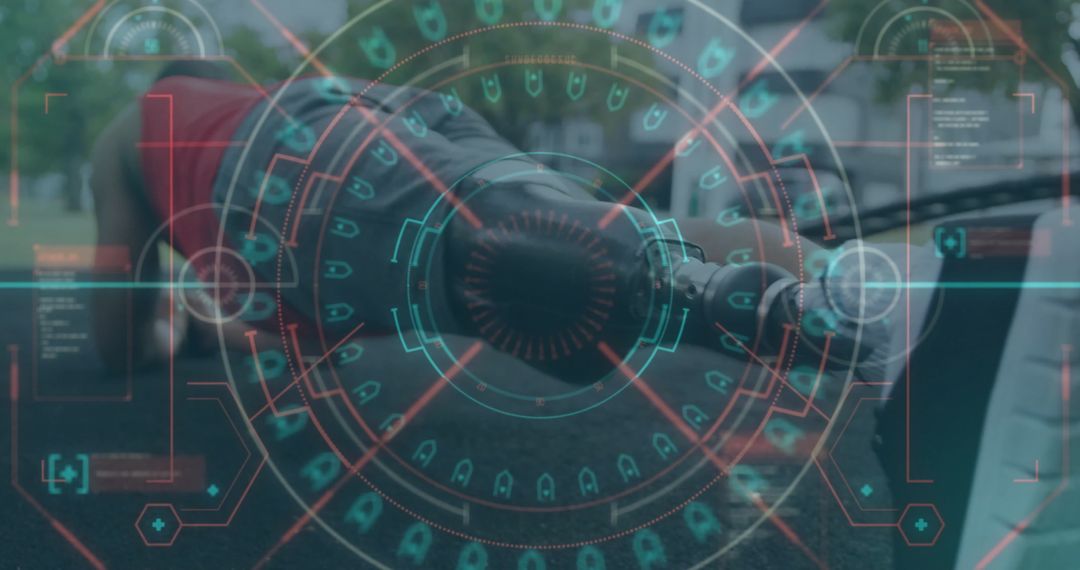 Futuristic HUD Overlay on Athlete Doing Push-Ups Outside