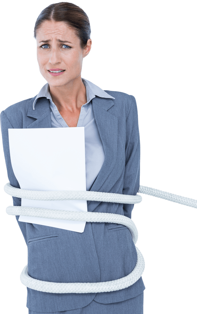 Worried Businesswoman Tied with Rope on Transparent Background