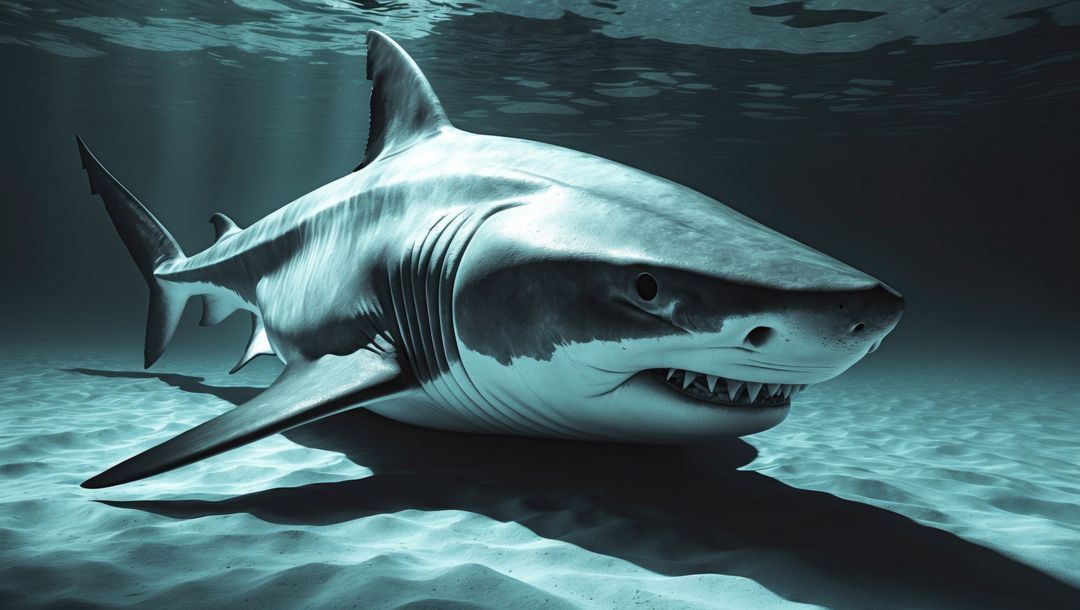 Majestic megalodon shark gliding gracefully underwater in pristine ocean environment