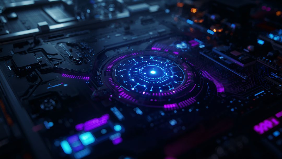 Futuristic Glowing Circuit Board with LED Rings and Microchips