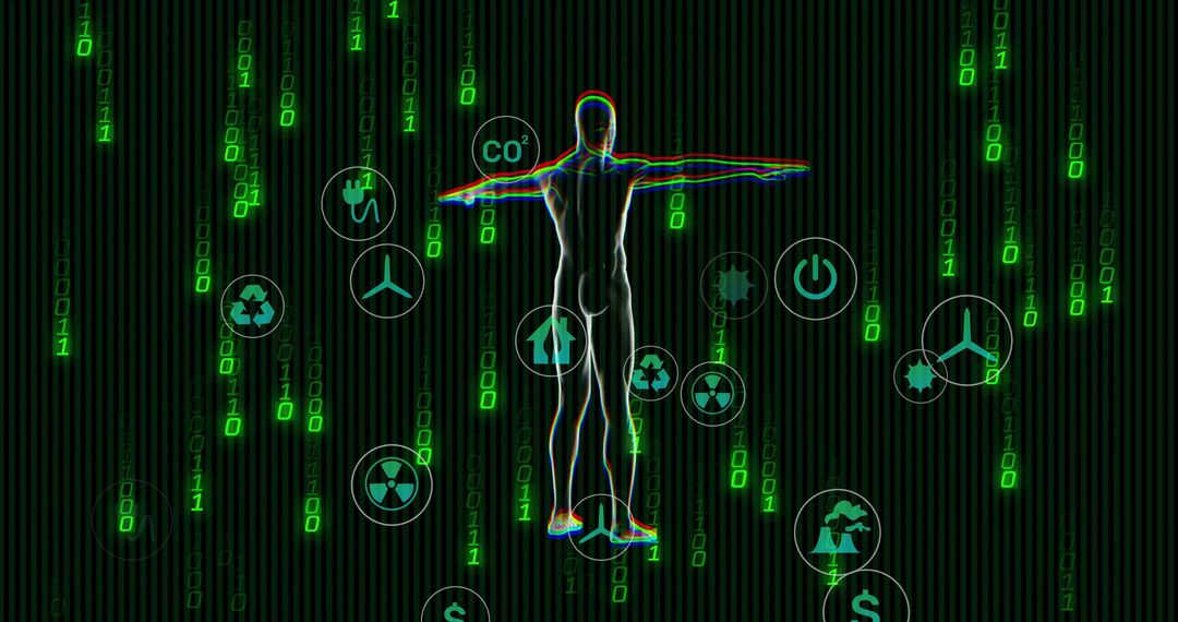 Digital Avatar in Binary Grid with Eco-Friendly Icons