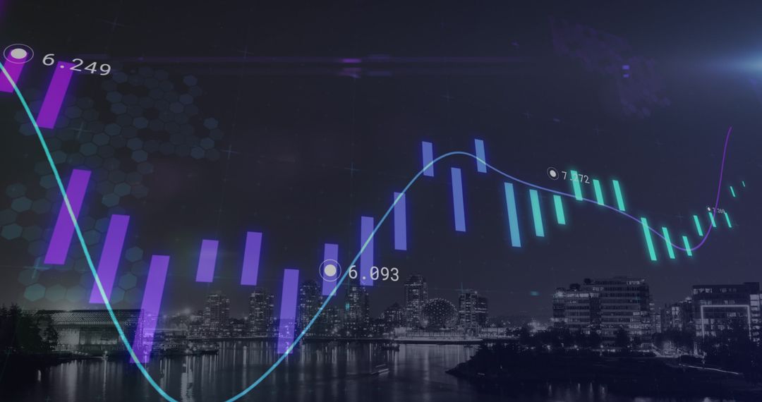 Financial Data Analysis with Illuminated Cityscape Backdrop