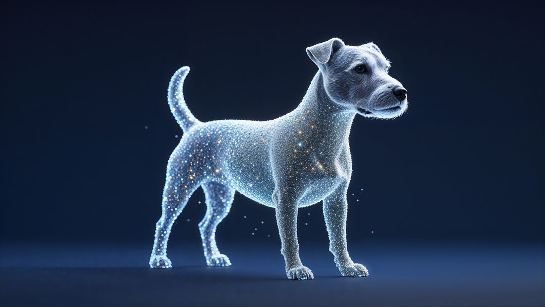 Futuristic Holographic Dog Made of Shimmering Digital Particles