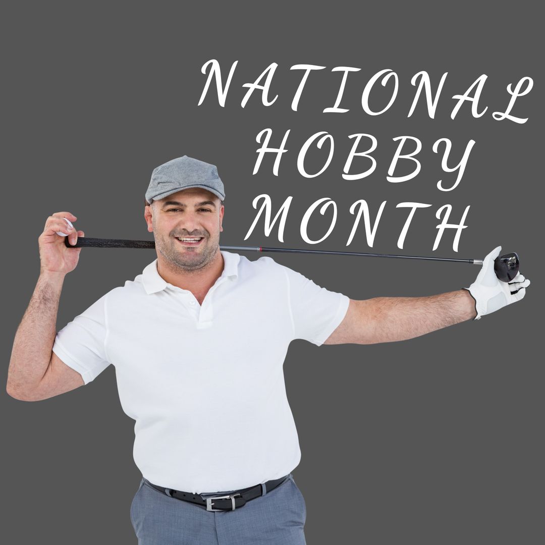 Smiling Golfer Celebrating National Hobby Month with Golf Club - Download Free Stock Templates Pikwizard.com