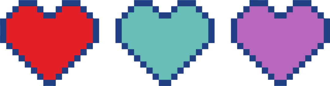 Vibrant Pixel Art Hearts on Transparent Background