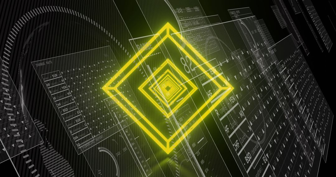 Futuristic Neon Yellow Tunnel with Data Processing Interface