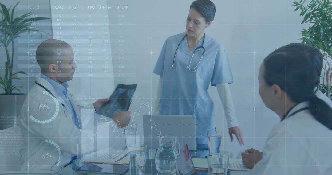 Medical Team Discussing X-Ray with Innovative Data Overlay