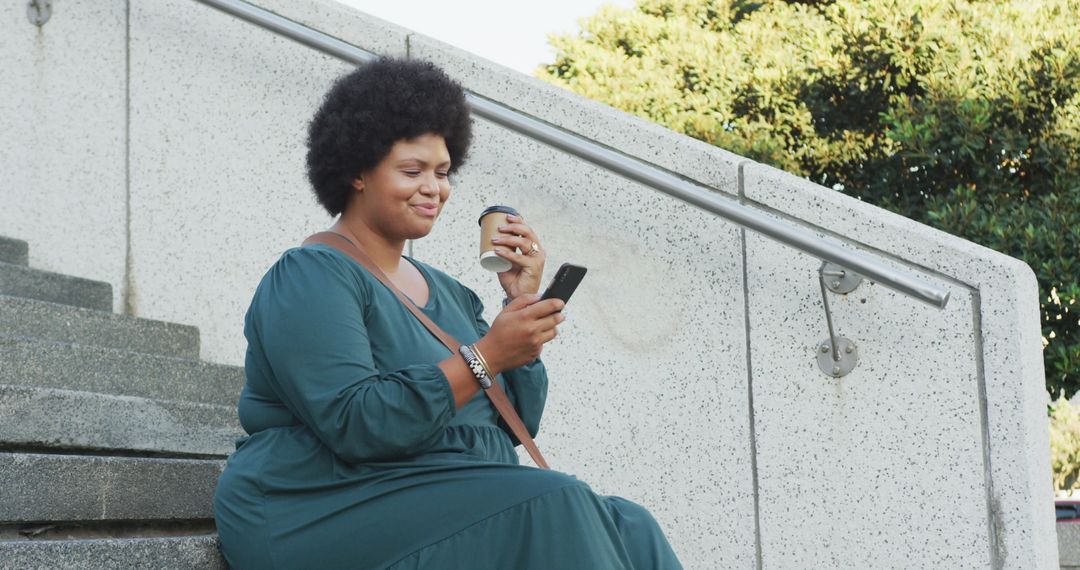 Confident Plus Size Woman Enjoying Coffee and Smartphone Outdoors