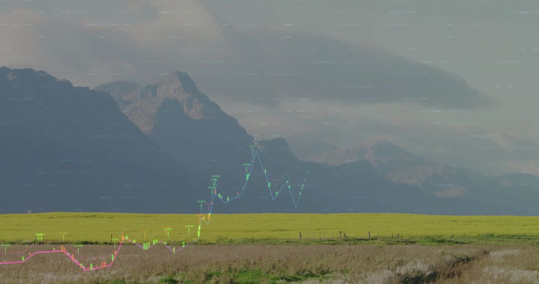 Serene Rural Landscape with Overlaid Financial Graph and Mountains