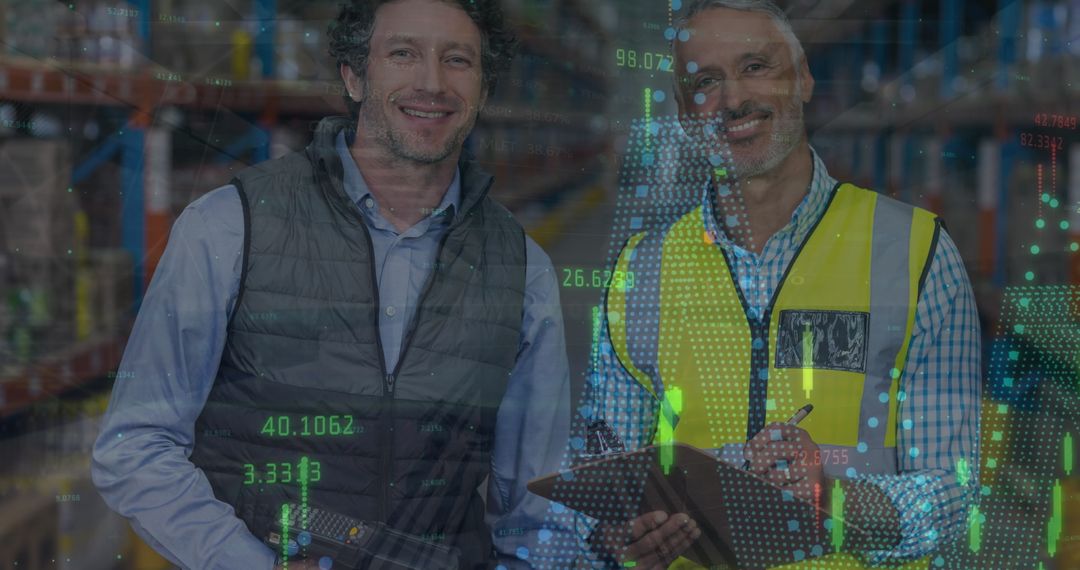 Warehouse Workers with Digital Data Overlay Indicating Global Business and Tech Innovation
