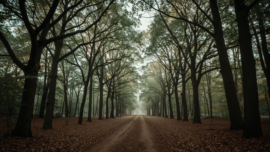 Mysterious Woodland Trail Through Misty Forest Canopy