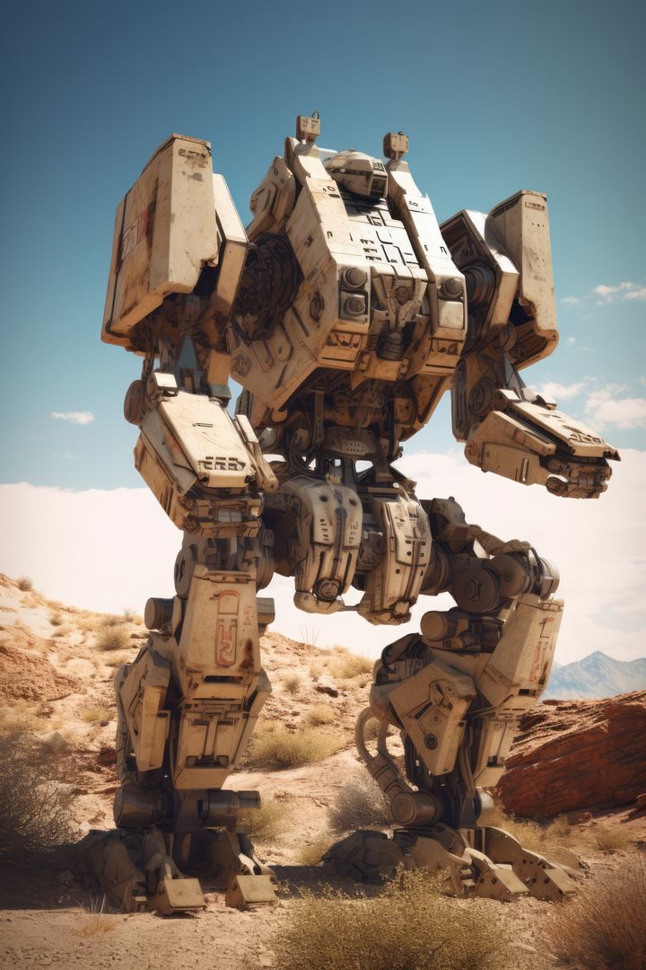 Mecha giant robot over desert, created using generative ai technology - Free Images, Stock Photos and Pictures on Pikwizard.com