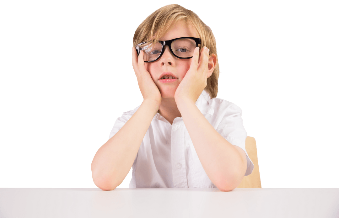 Bored Caucasian Schoolboy in Glasses on Transparent Background