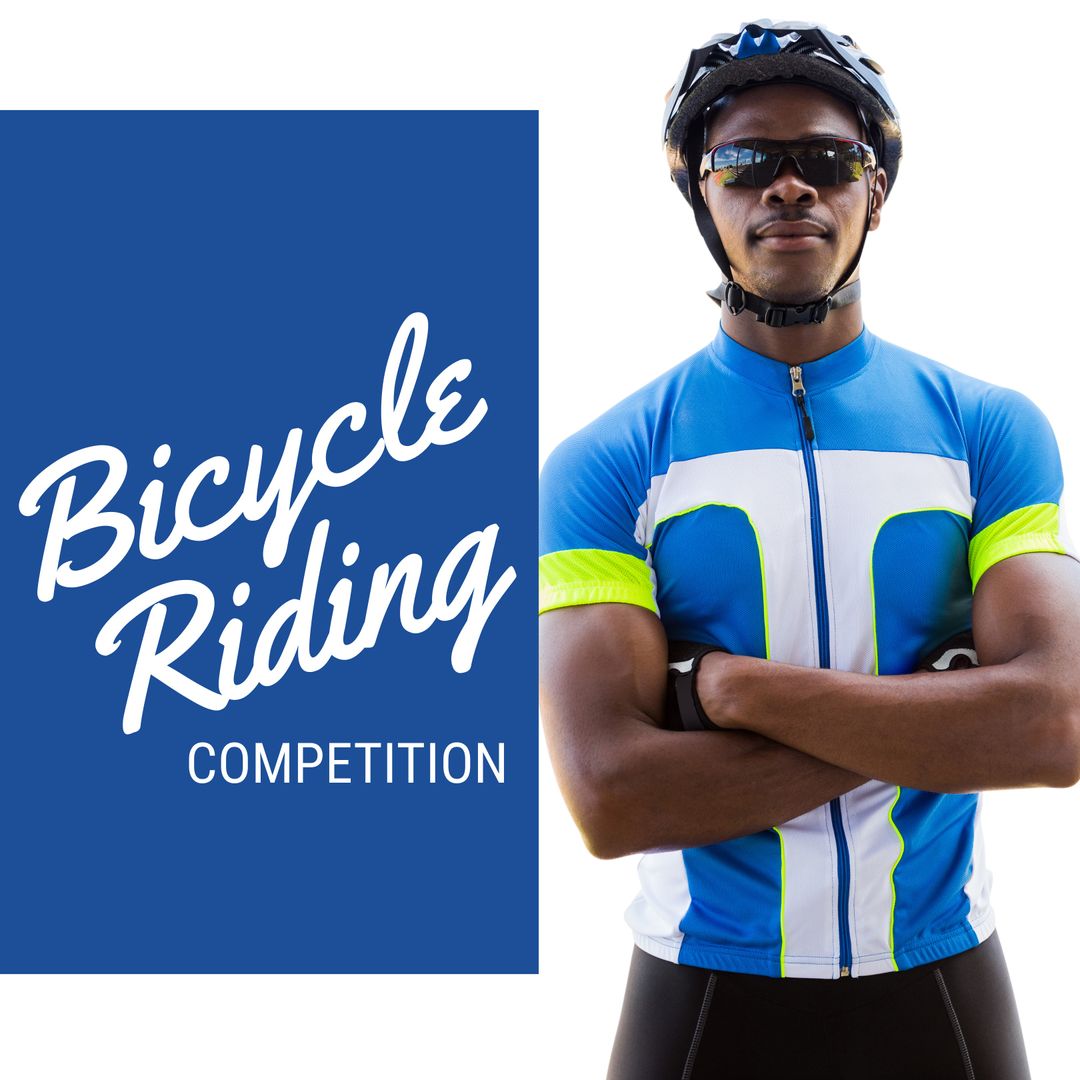 Confident Cyclist Posing with Helmet and Sunglasses at Competition