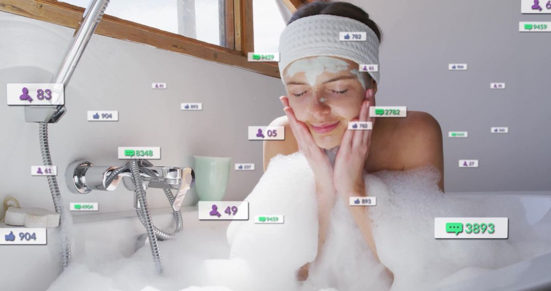 Woman Relaxing in Bubble Bath with Social Media Interface Overlay