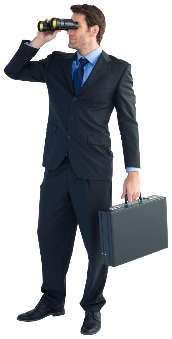 Transparent Businessman Searching with Binoculars Briefcase