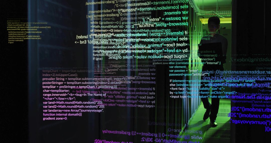 Asian IT Engineer Walking Through Futuristic Data Center with Blinking LEDs