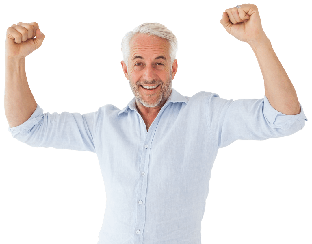 Elderly Man Cheering with Enthusiasm on Transparent Background