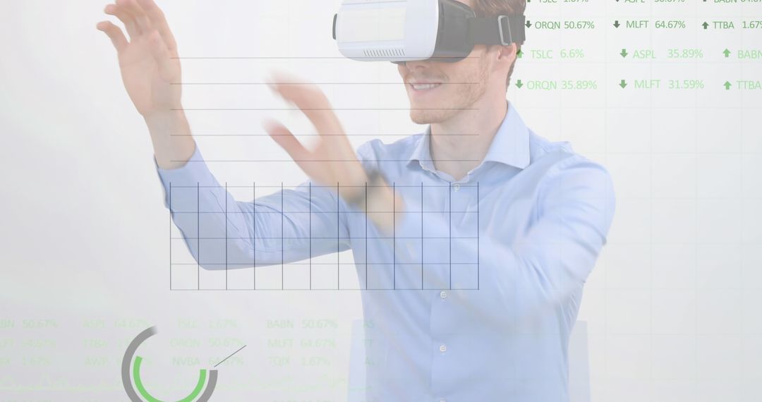 Businessman in VR Headset Analyzing Financial Data Overlay