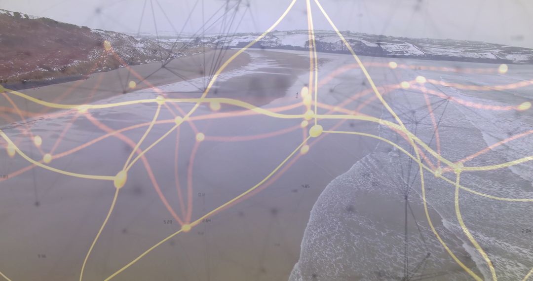Futuristic Digital Network over Serene Coastline