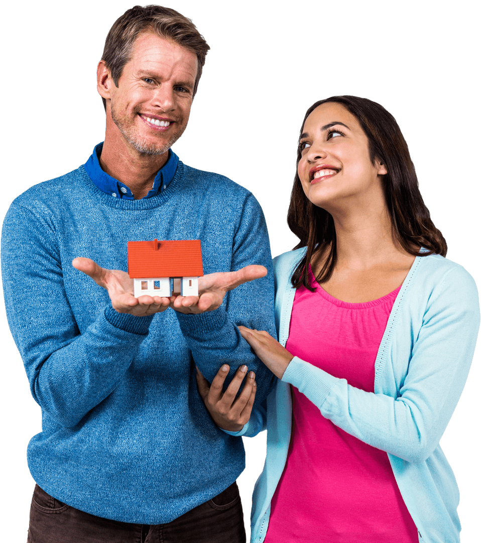 Happy Couple Holding Model House on Transparent Background
