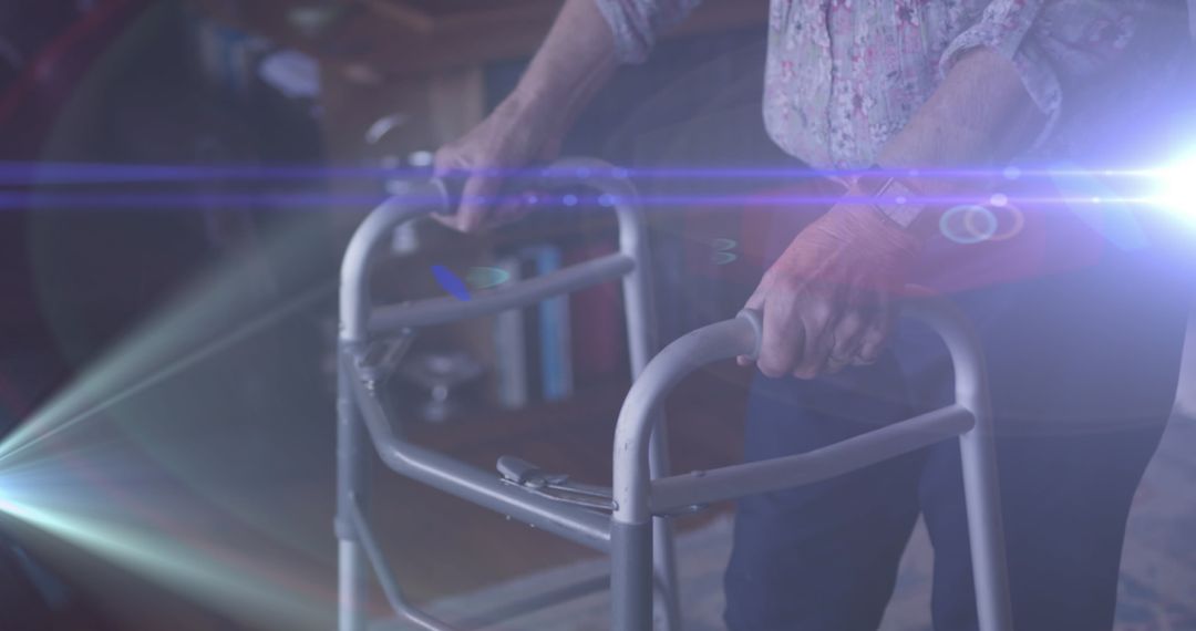 Senior Woman Using Walking Frame with Light Effects