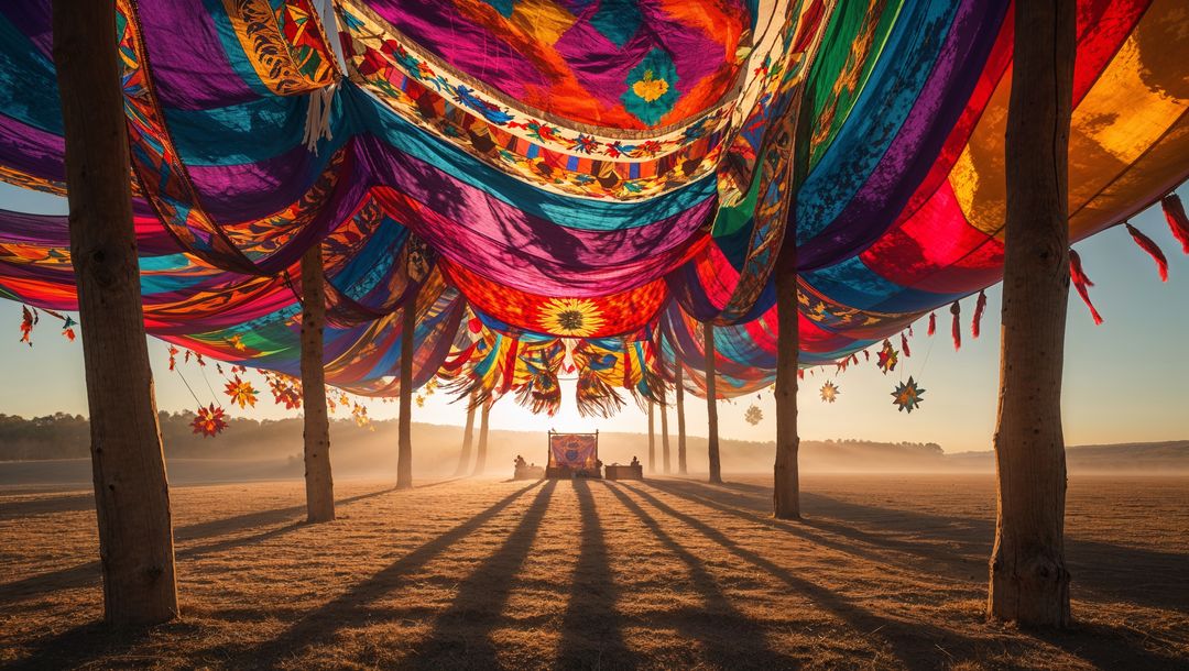 Vibrant Canopy on Sunlit Field at Dawn with Bohemian Artwork