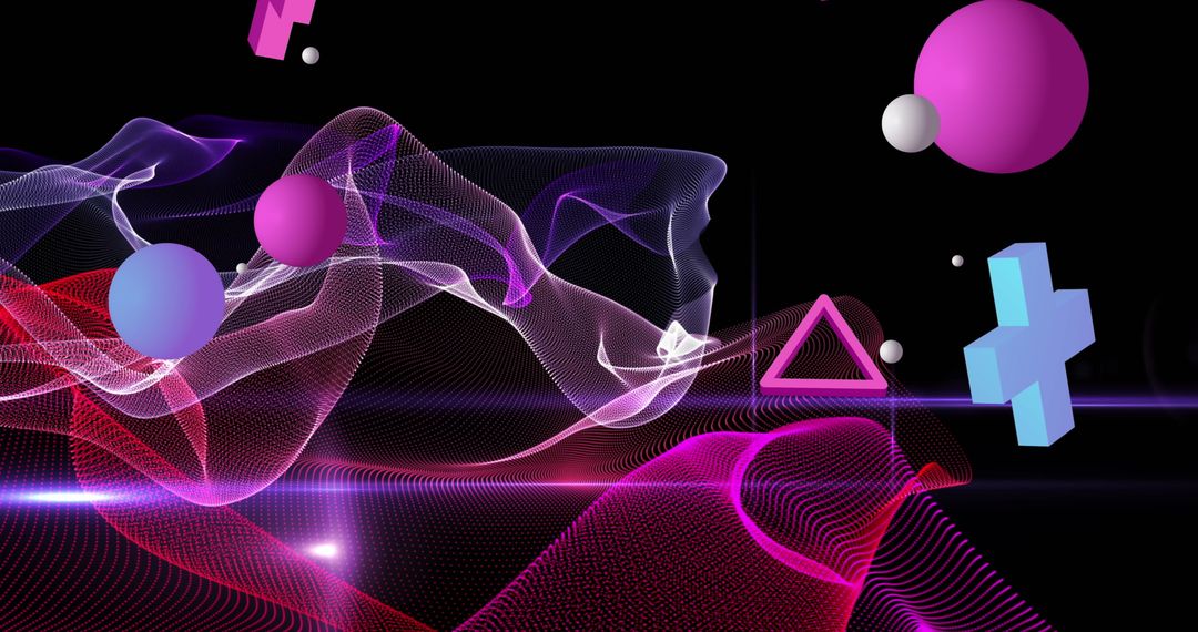 Colorful Geometric Shapes with Glowing Digital Waves