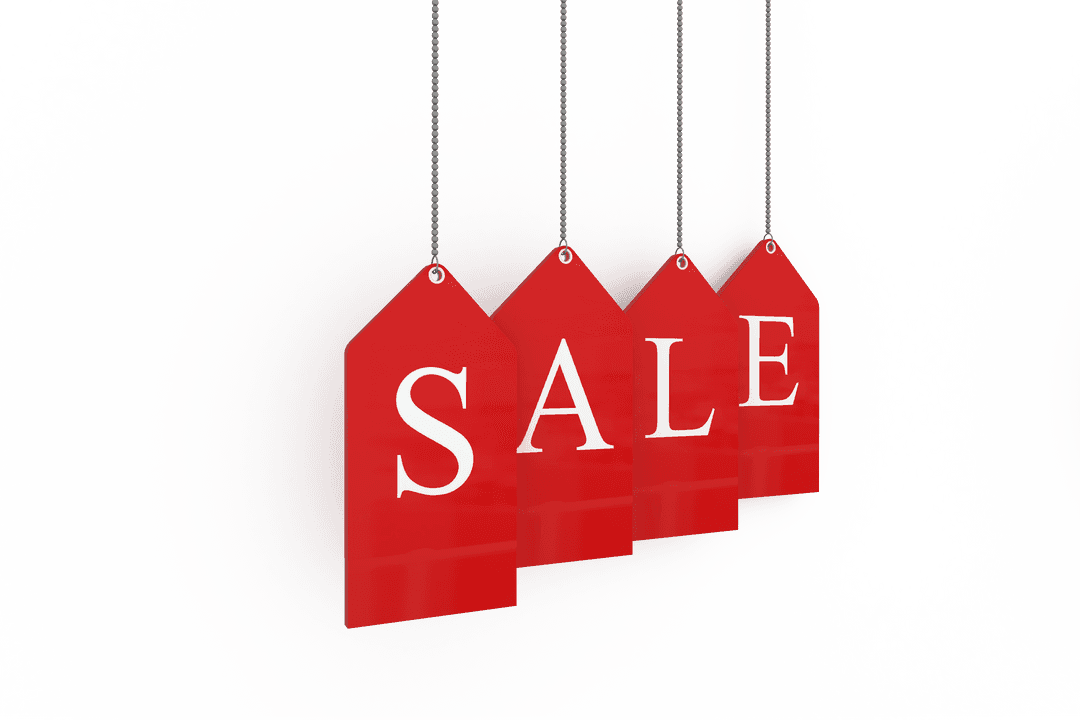 Hanging Red Sale Labels on Transparent Background for Shopping Promotions