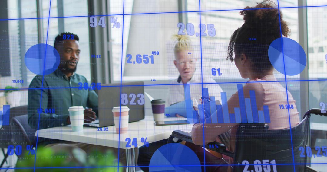 Diverse Professionals Collaborating Over Data Projections in Modern Office