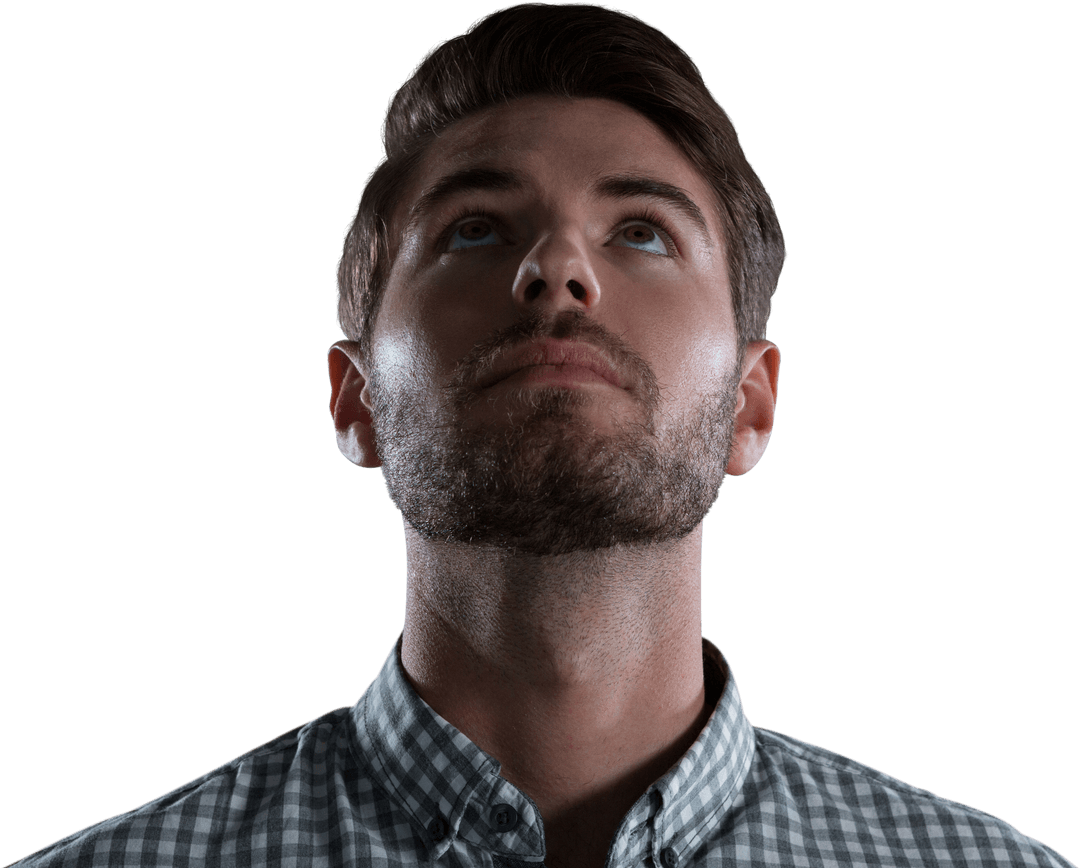 Thoughtful Caucasian Man Looking Up on Transparent Background