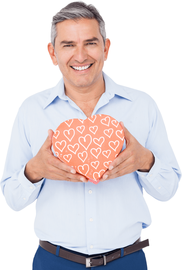 Smiling Man Holding Heart-Shaped Gift Box Transparent Background