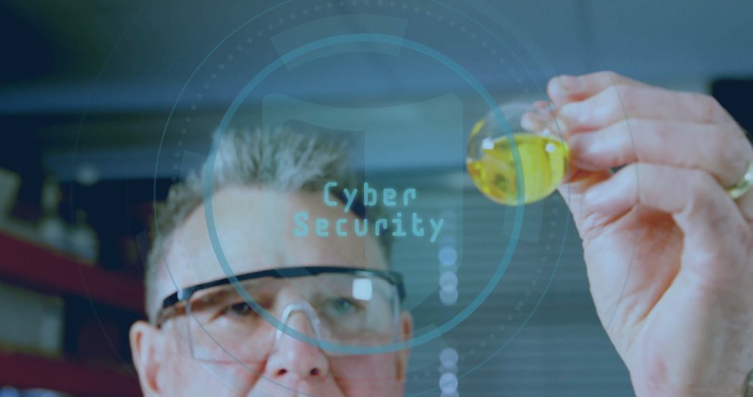 Scientist Analyzing Liquid with Cybersecurity Graphic Overlay