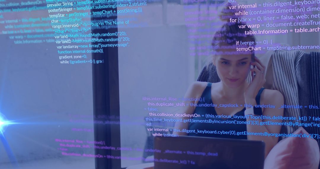 Focused Female Programmer Analyzing Laptop Near Glass Surface with Code Overlay