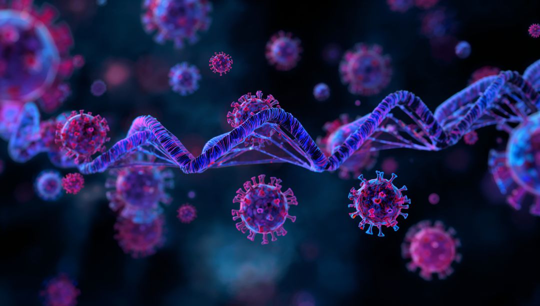 Viral Particles Orbiting DNA Helix in Microscopic Digital Art