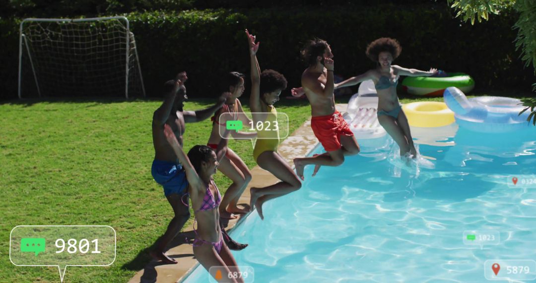 Friends jumping into backyard pool with social media notification bubbles, summer splash fun