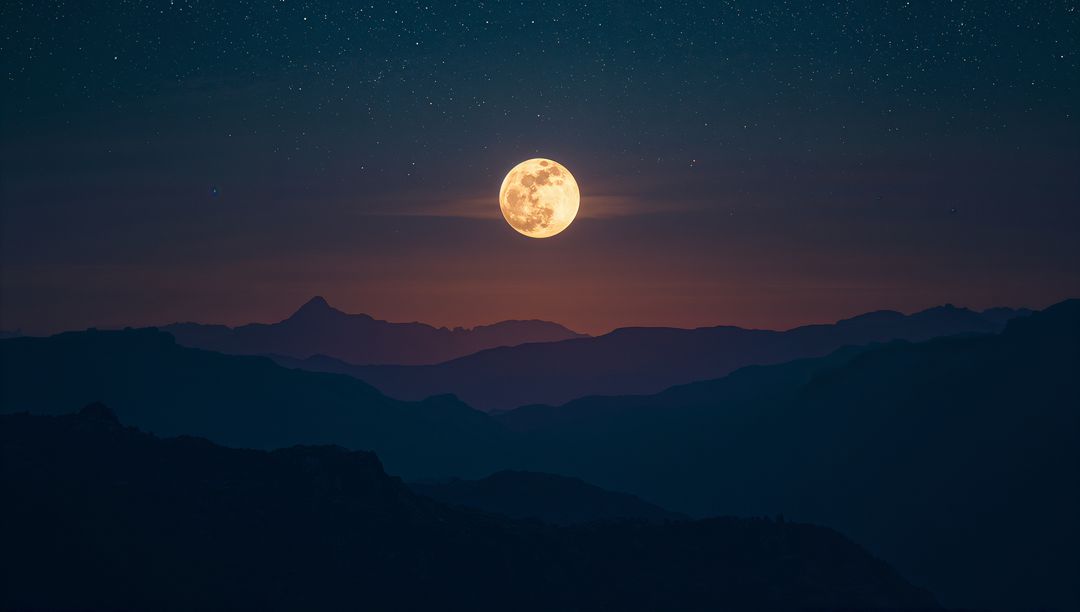Full Moon Over Mountains at Dusk with Starry Sky Panoramic