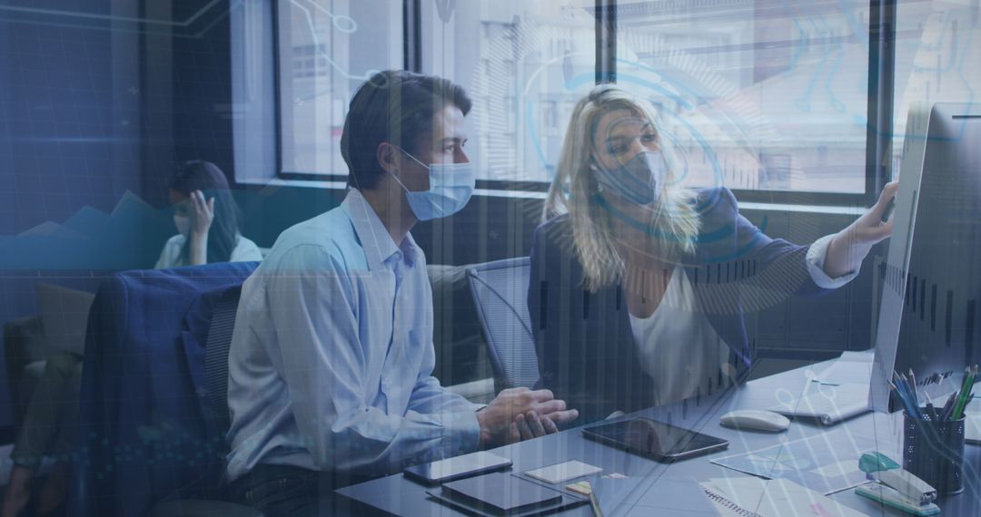 Masked Professionals Collaborating on Digital Financial Analysis