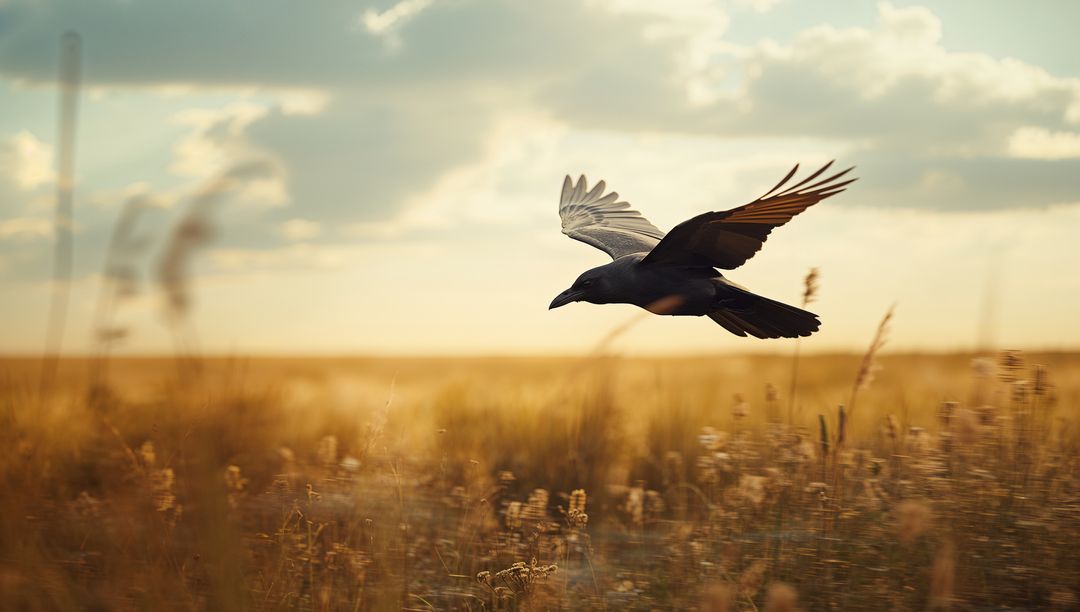 Crow in Flight Above Golden Grasses With Distant Horizon