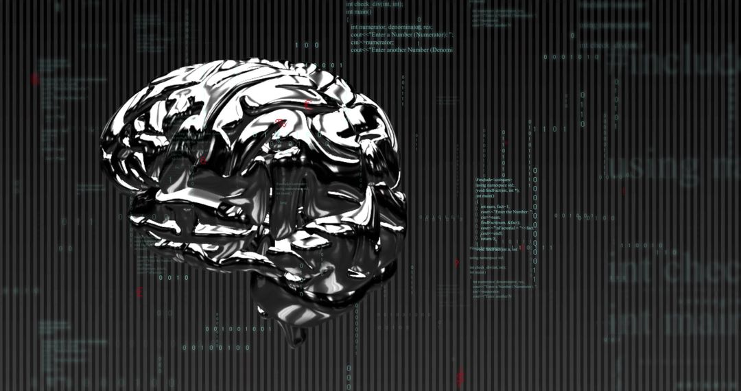 Chrome Brain Sculpture in Digital Matrix with Scanlines and Code