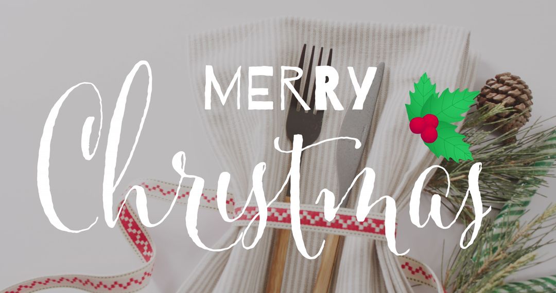 Festive Table Setting with Merry Christmas Greetings Overlay