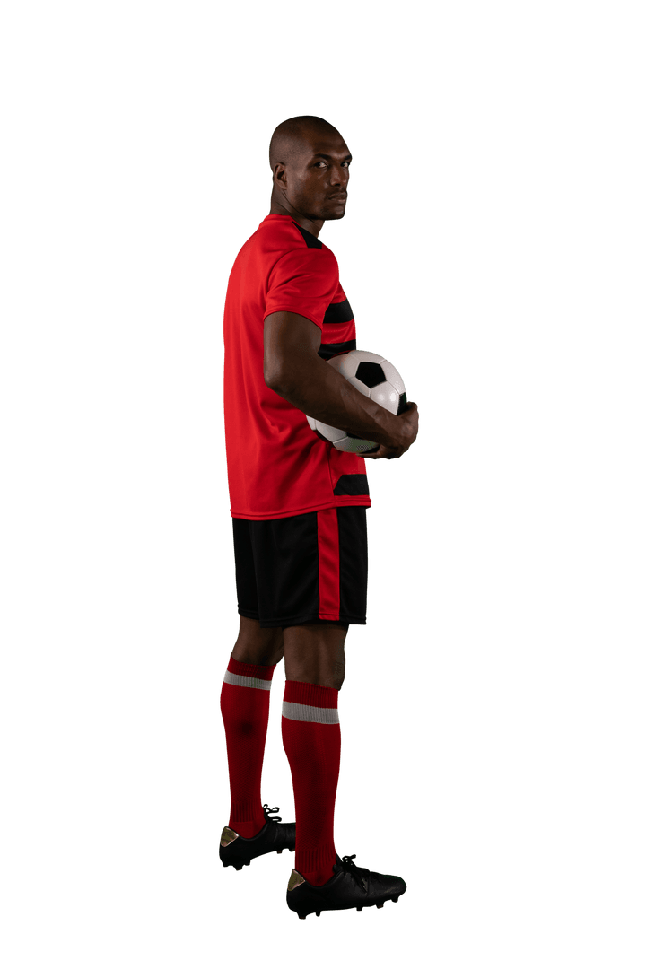 Serious Football Player with Soccer Ball on Transparent Background