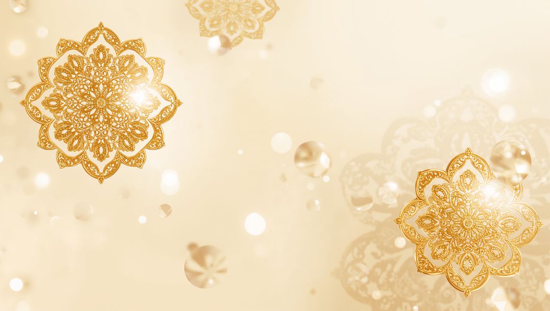 Golden Ornate Mandalas Floating on Champagne Bokeh Backdrop with Glass Spheres