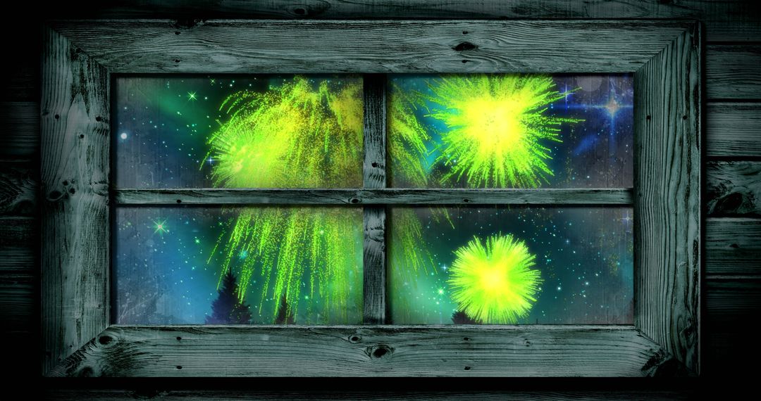 Green Fireworks View from Rustic Window at Night